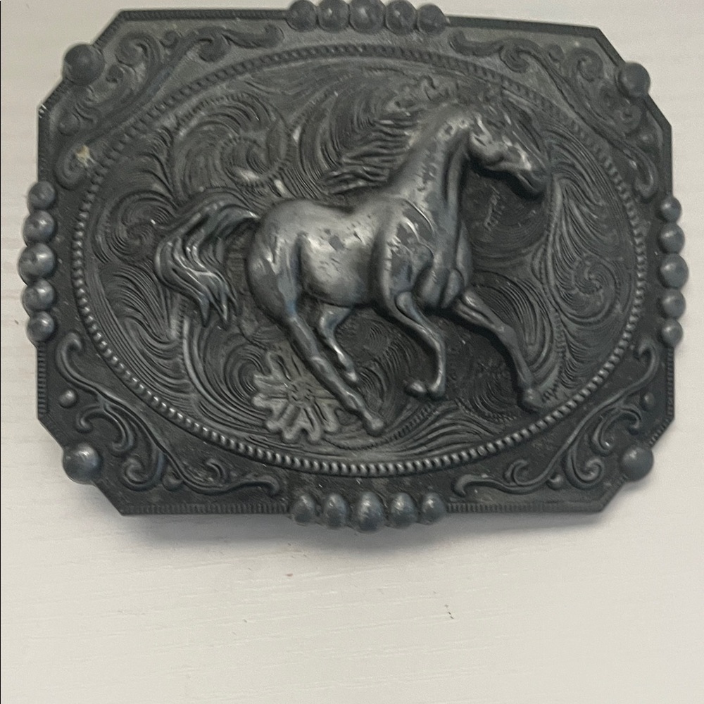 Western Horse Rectangle Belt Buckle - Dark Metal